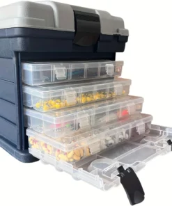 Boîte à Pêche Portable à 4 Niveaux – Boîte de Rangement Grise pour Accessoires et Appâts, Boîte de Pêche en Plastique Robuste