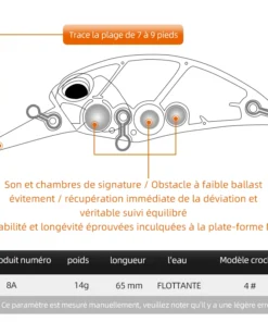 Alternative view of Leurre de pêche rigide flottant M65, crankbait, 11 couleurs, qualité professionnelle, profondeur 2.0-2.5m, 14g