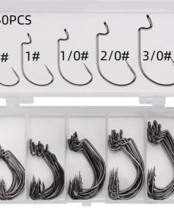 Boîte de 50 Hameçons de Pêche – Hameçons à Ardillon Offset Large Ouverture, Acier Carbone Inoxydable, Idéal pour Leurres Souples et Pêche en Mer